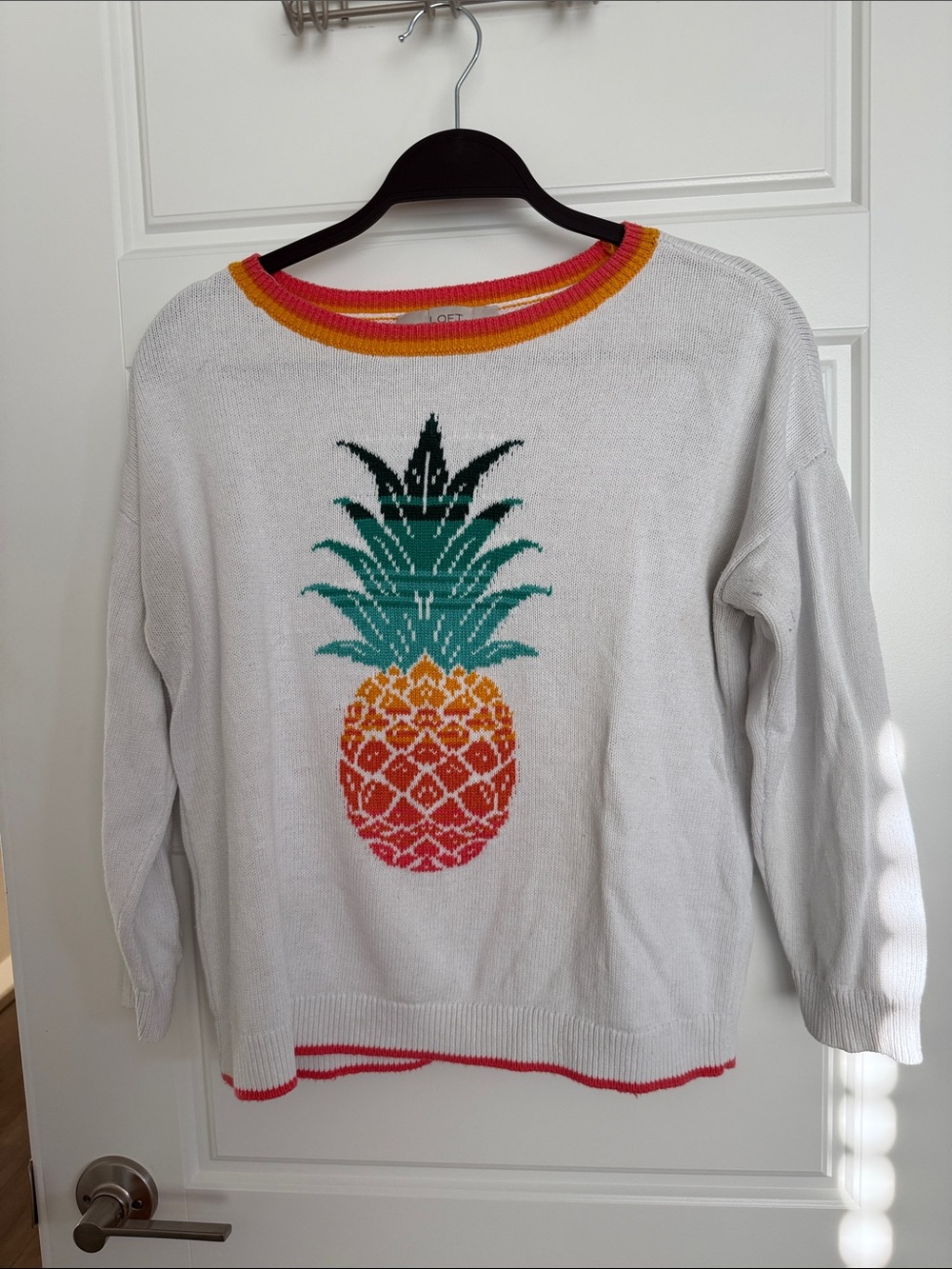 LOFT White Crewneck Sweater with Multicolor Pineapple Intarsia
